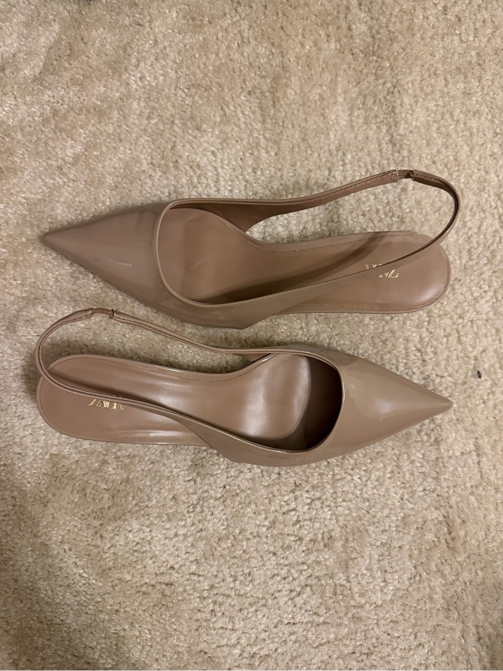 Zara Patent Pointed Slingback Kitten Heels in Taupe
